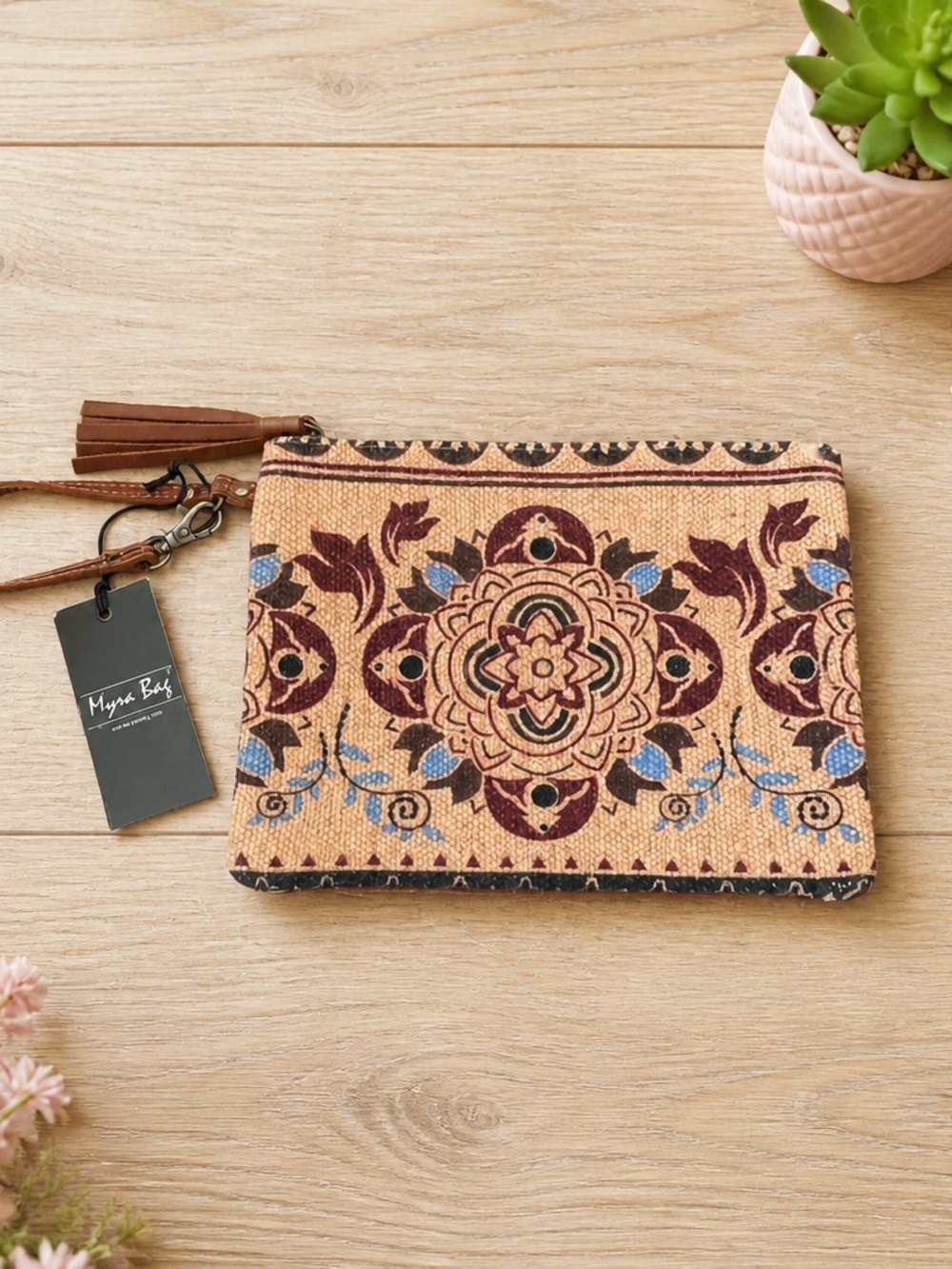 Myra Bag Beige Floral Paisley Wristlet Clutch with Blue Accents